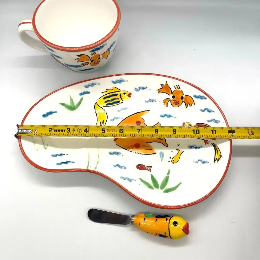 Les Tropiques Strata Snack Plate & Cup & Spreader Set Hand Painted Tropical Fish